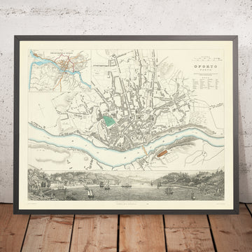 Ancienne carte de Porto, 1870 : Torre da Marca, cathédrale, place Ribeira, église Saint-François, palais épiscopal