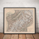 Antica mappa del Massiccio del Monte Bianco nel 1865 di Jean-Joseph Mieulet - Chamonix, Entreves, Les Houches, Saint-Nicolas de Veroce, Le Alpi 