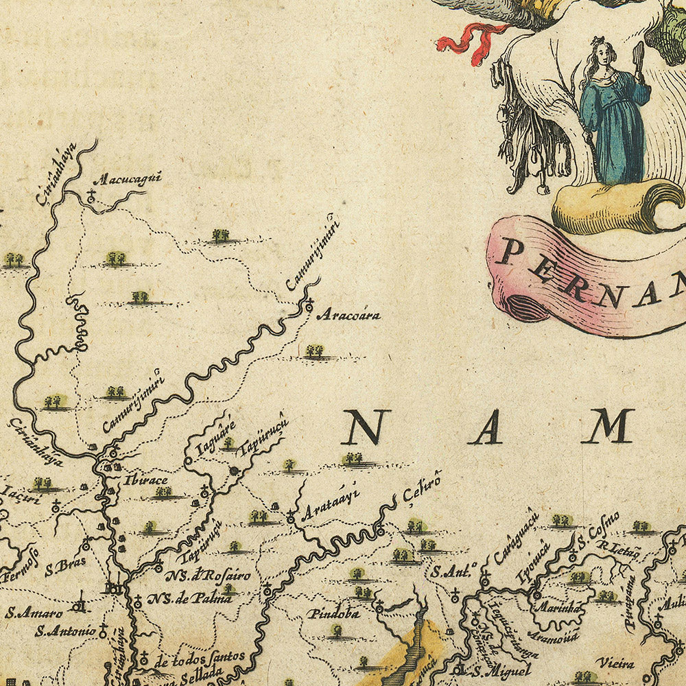 Old Map of Brazil's Coastline by Blaeu, 1662: Pernambuco, Itamaracá, Recife, Olinda, Sugar Cane, Ships