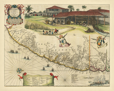 Mapa antiguo de Pernambuco e Itamaracá de Blaeu, 1662: Recife, Olinda, caña de azúcar, barcos, batalla naval