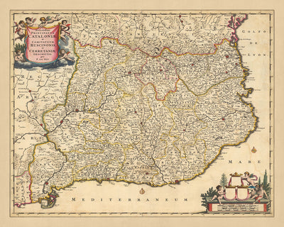 Alte Karte von Katalonien und Roussillon von Visscher, 1690: Barcelona, Tarragona, Girona, Perpignan, Pyrenäen