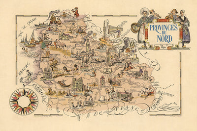 Antiguo mapa pictórico de Nord-Pas-de-Calais por Liozu, 1951: Lille, Dunkerque, Valenciennes, Douai, Cambrai