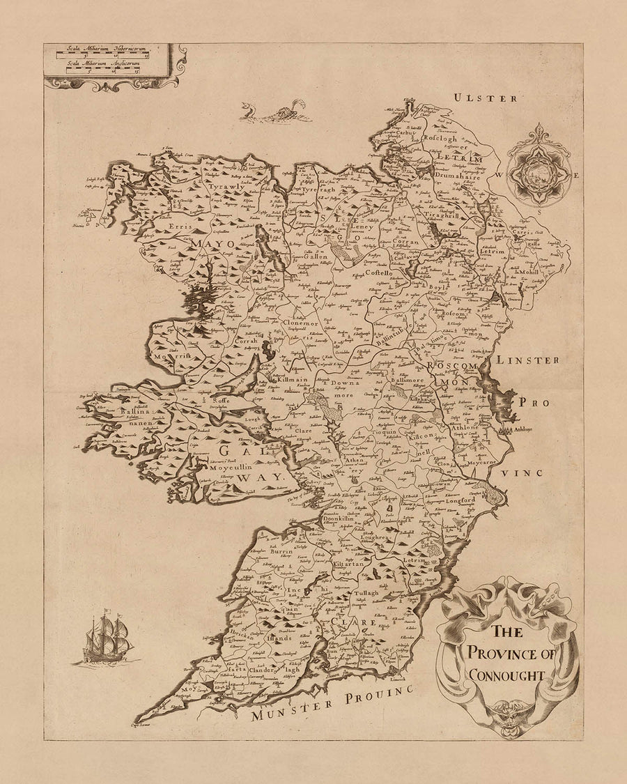 Old Map of Connacht by Petty, 1685: Galway, Leitrim, Mayo, Sligo, Roscommon
