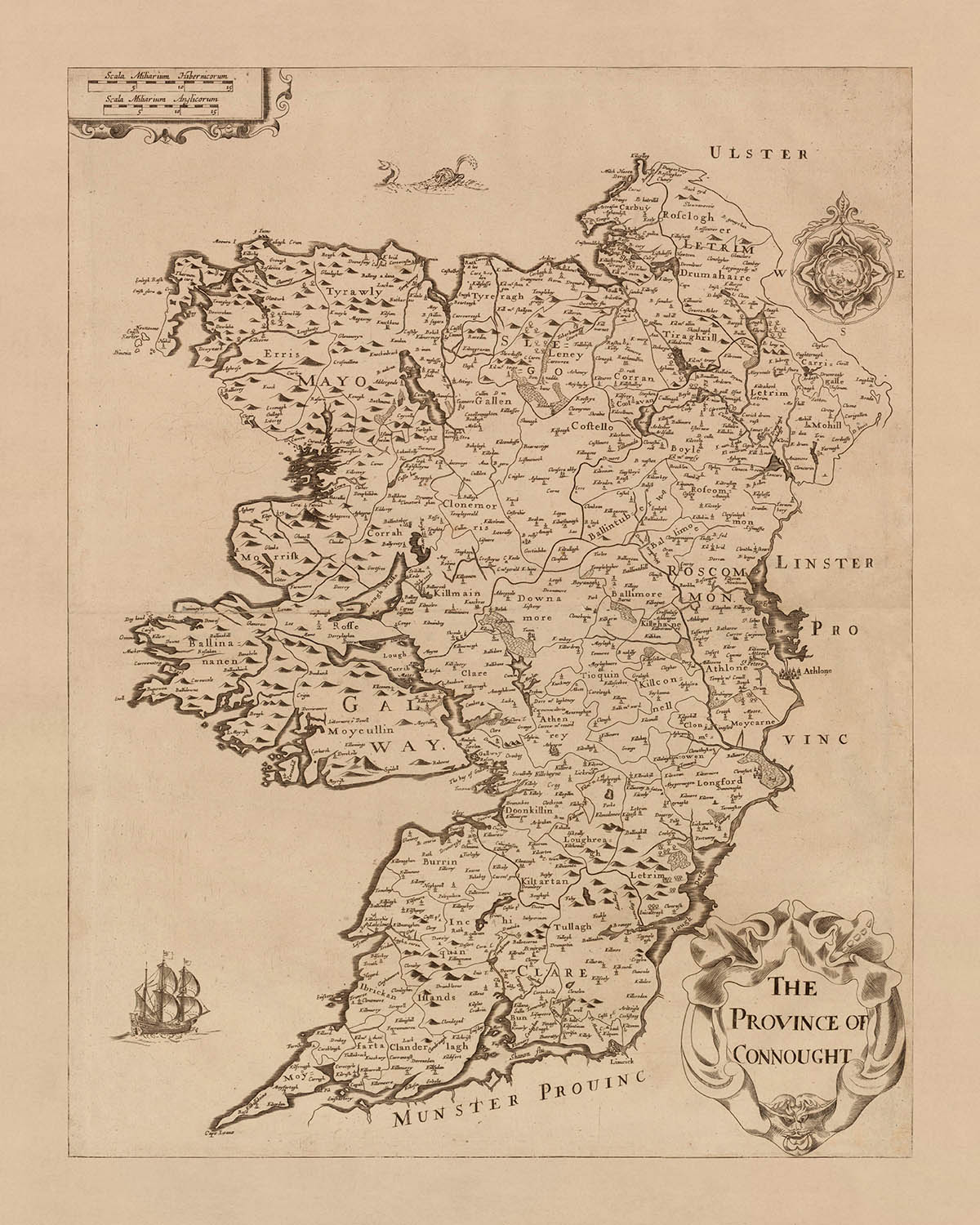 Mapa antiguo de Connact de Petty, 1685: Galway, Tuam, Sligo, Roscommon, Athlone