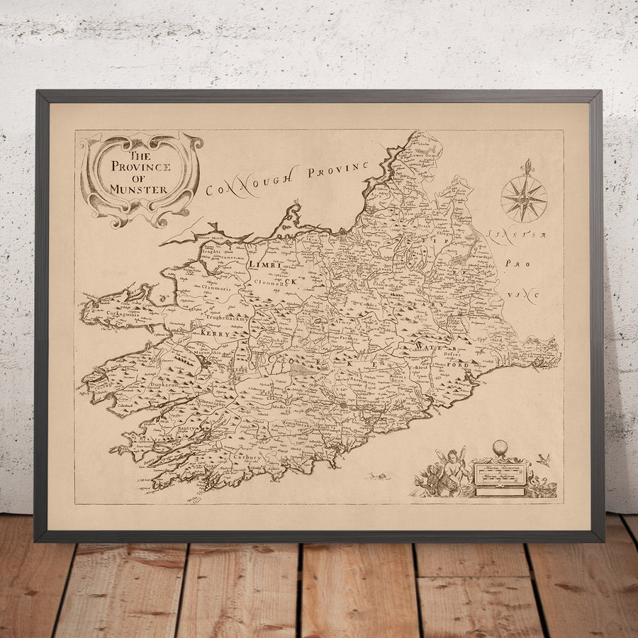 Old Map of Munster by Petty, 1685: Cork, Limerick, Waterford, Ennis, Tralee, Clonmel