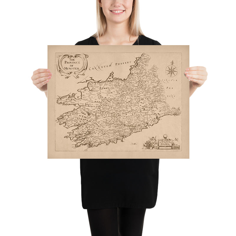 Old Map of Munster by Petty, 1685: Cork, Limerick, Waterford, Ennis, Tralee, Clonmel
