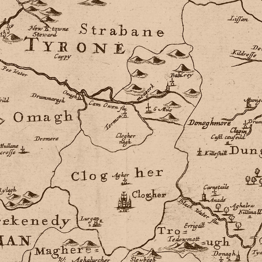 Old Map of Ulster by Petty, 1685: Armagh, Belfast, Londonderry, Donegal, Down, Antrim