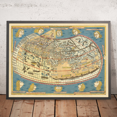 Alte Weltkarte der Welt von Ptolemäus, 1486: Erster Druck nördlich der Alpen, Bildstil, vom Graveur signiert