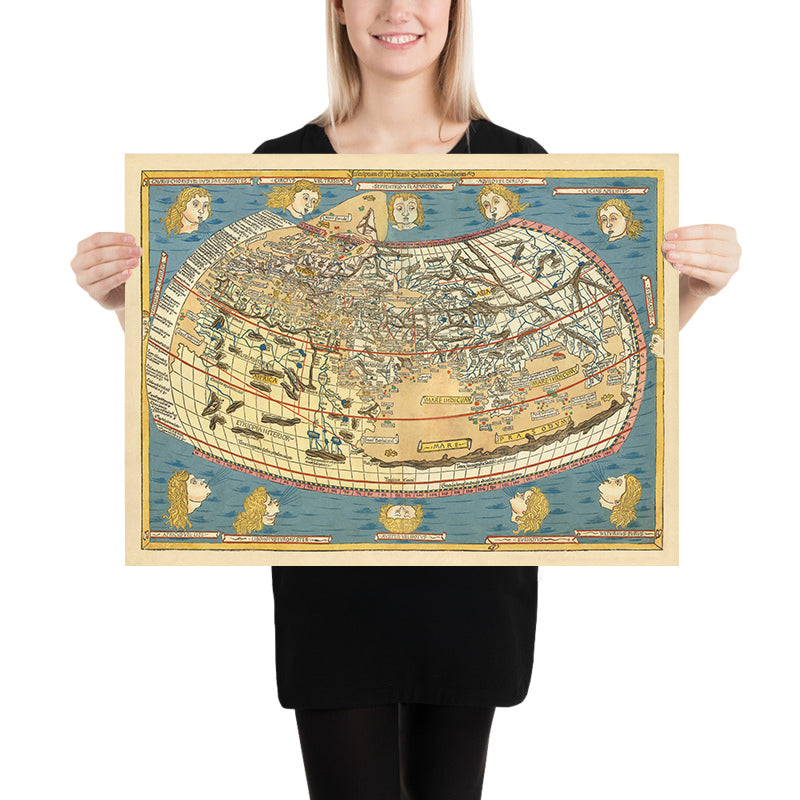 Alte Weltkarte der Welt von Ptolemäus, 1486: Erster Druck nördlich der Alpen, Bildstil, vom Graveur signiert