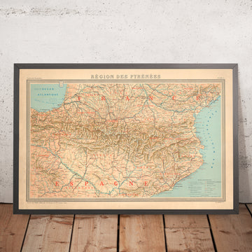 Old Map of the Pyrenees Mountains, 1920: Southern France and Northern Spain
