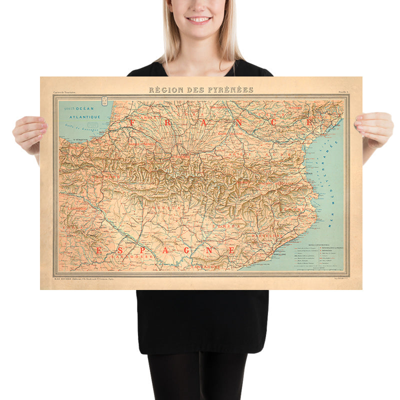 Antiguo mapa de los Pirineos, 1920: sur de Francia y norte de España