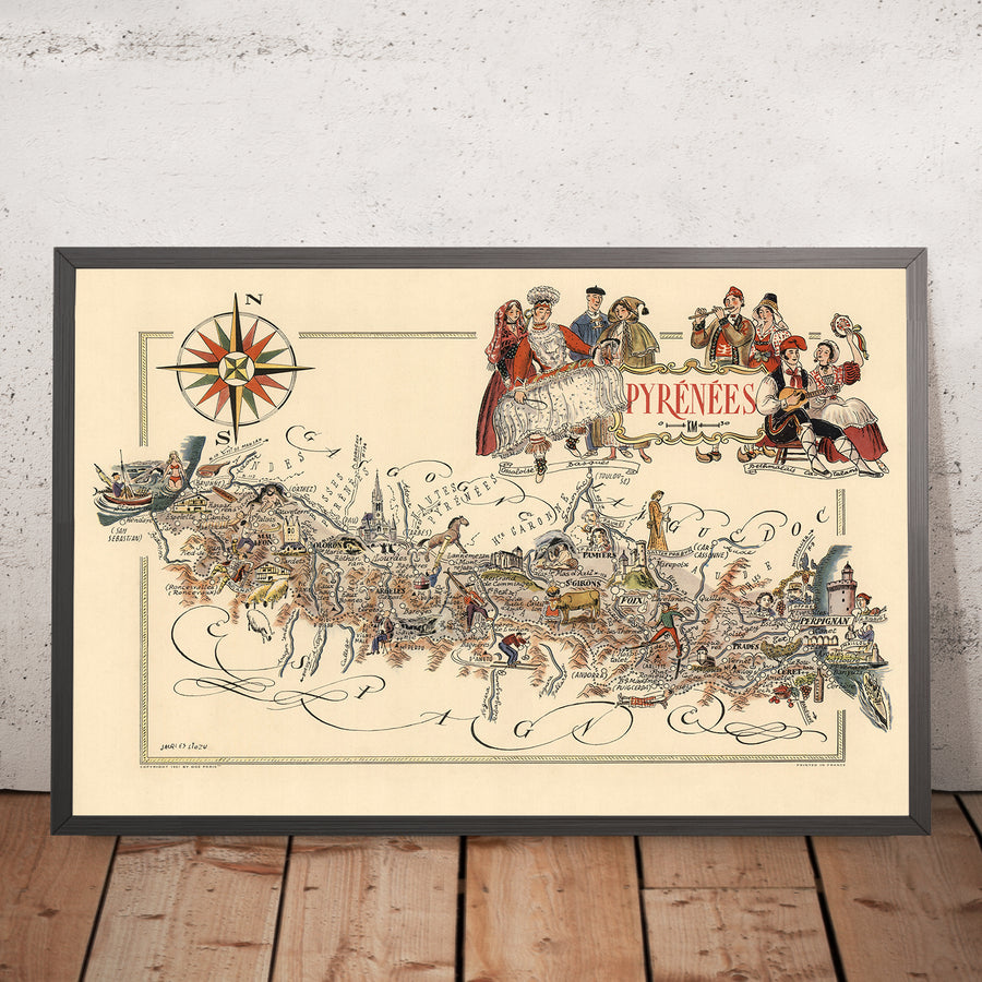 Vecchia mappa pittorica dei Pirenei di Liozu, 1951: Perpignano, Pau, Bayonne, castelli, montagne 