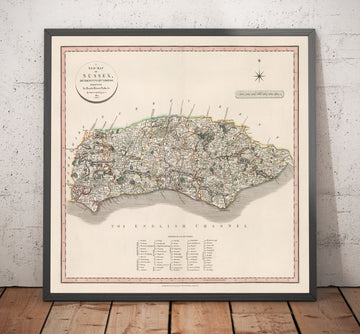 Mappa antica del Sussex nel 1801 di John Cary - Brighton, Hastings, Eastbourne, Preston, Dumford 