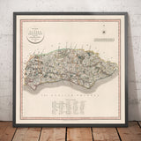 Antiguo mapa de Sussex en 1801 por John Cary - Brighton, Hastings, Eastbourne, Preston, Dumford