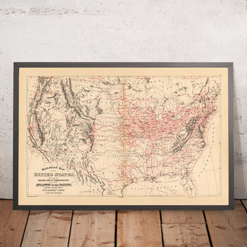Ancienne carte ferroviaire des États-Unis par Samuel Mitchell, 1890 : carte ferroviaire de l&