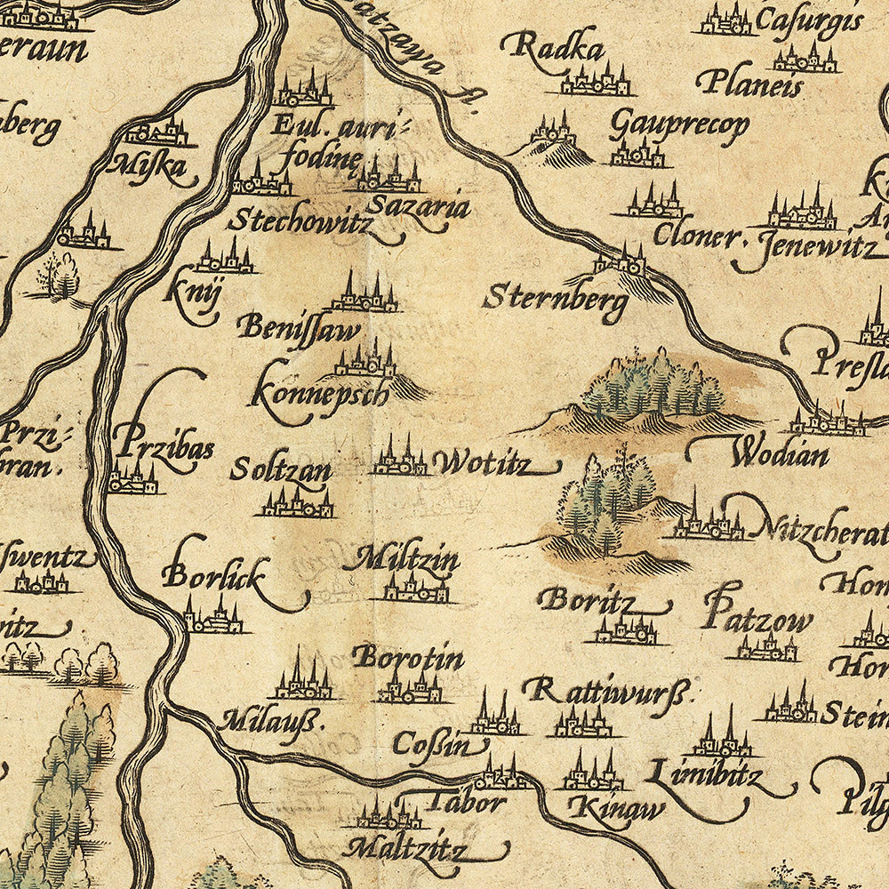 Old Map of Bohemia by Ortelius, 1579: Czechia, Prague, Vltava River, Forests