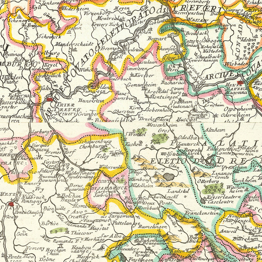 Old Map of the Rhine River Basin in Europe by Coronelli, 1690: Basel, Cologne, Frankfurt, Lake Constance, Swiss Alps
