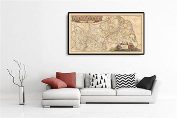 Ancienne carte du Rhin par Visscher, 1690 : De la bouche à la source, Berne, Bruxelles, Luxembourg, Francfort, Cologne