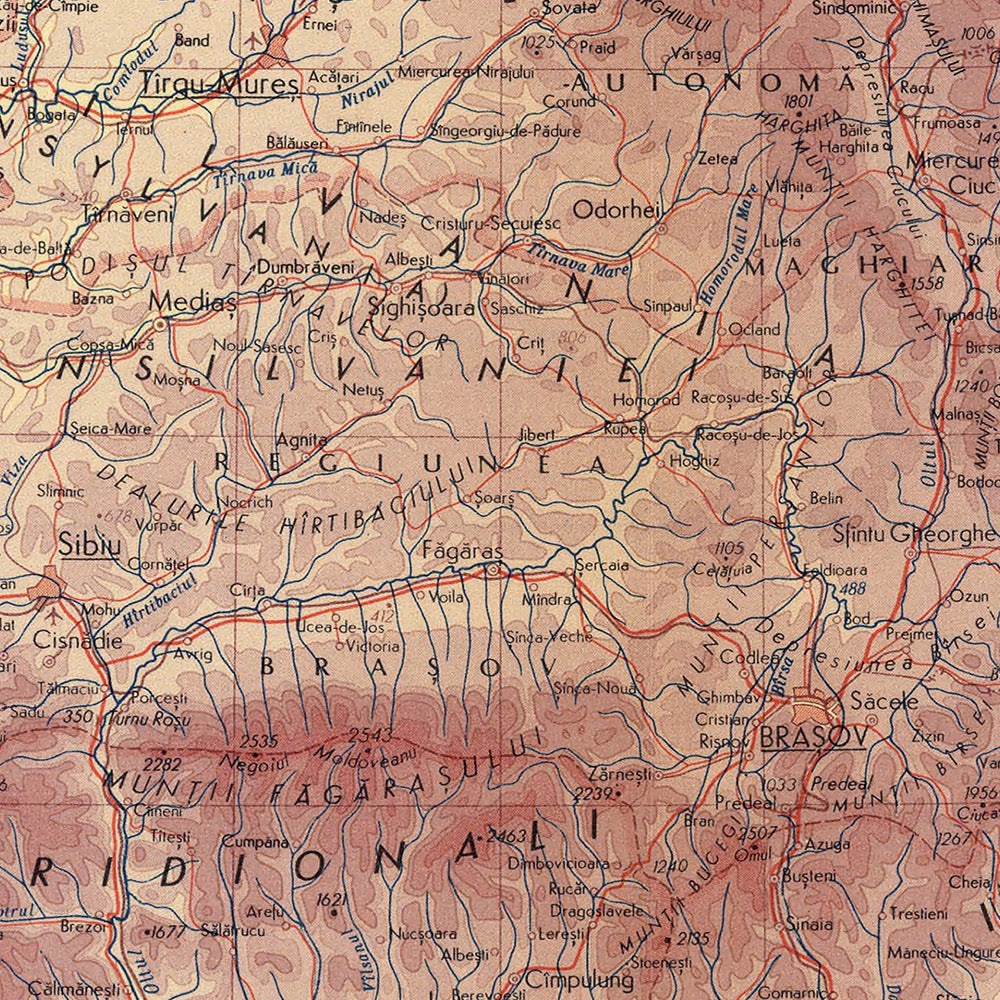 Old Map of Romania, 1967: Bucharest, Cluj-Napoca, Timișoara, Carpathian Mountains, Danube River