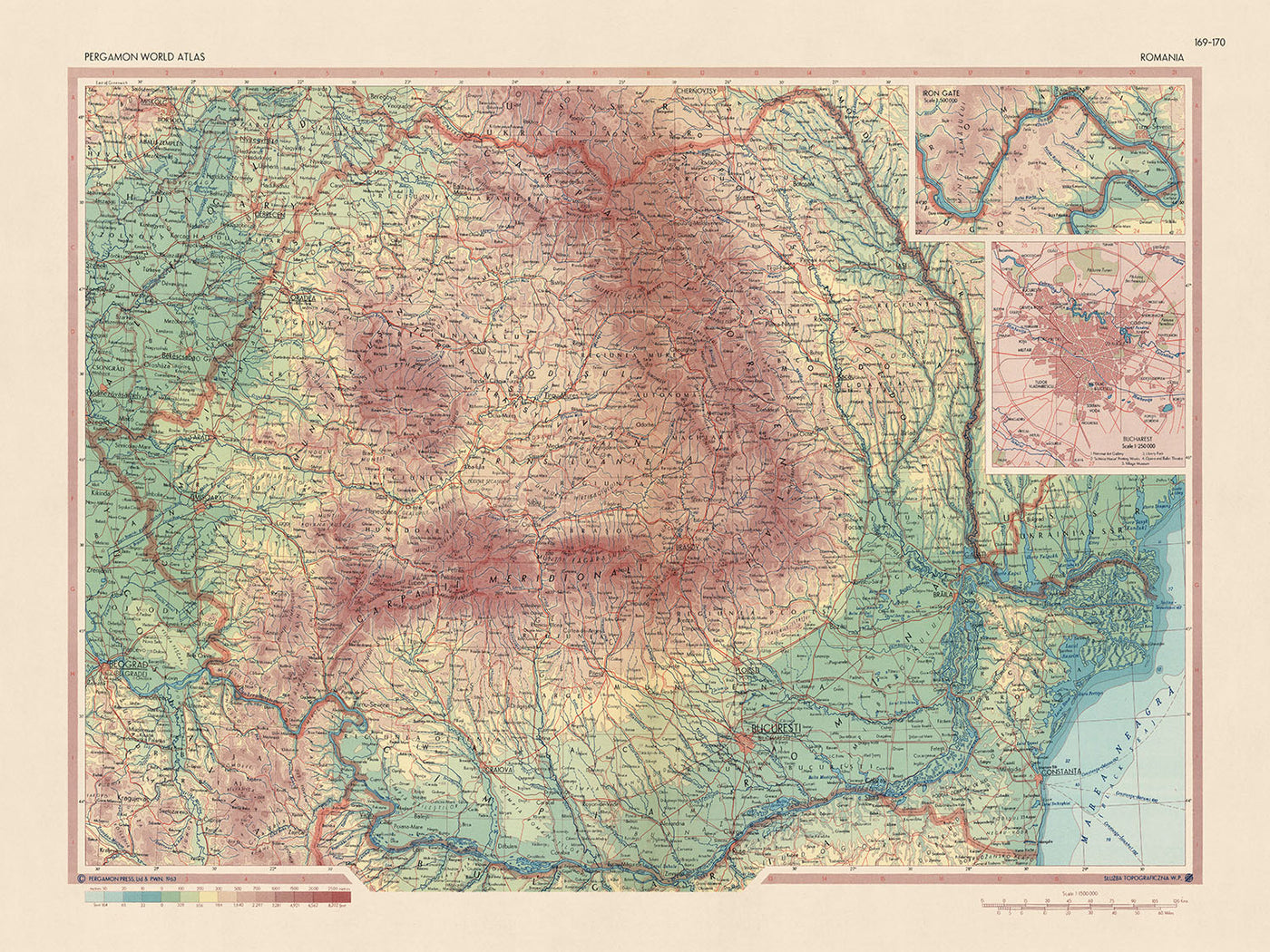 Ancienne carte de la Roumanie par le service topographique de l'armée polonaise, 1967 : Bucarest, Cluj-Napoca, Timișoara, Carpates, Danube