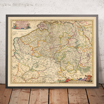 Ancienne carte de la Belgique royale par Visscher, 1690 : Bruxelles, Gand, Anvers, Lille, Parc des Caps et Marais d&