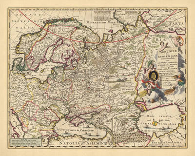 Ancienne carte de la Russie par Visscher, 1690 : Moscou, Varsovie, Budapest, Oslo, Stockholm