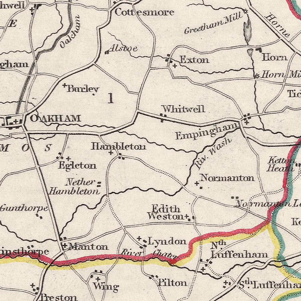 Mapa antiguo de Rutlandshire por Samuel Lewis, 1844: Oakham, Uppingham, Cottesmore, Langham, Belton