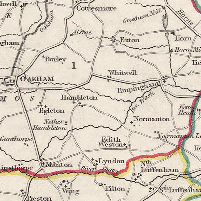 Mapa antiguo de Rutlandshire por Samuel Lewis, 1844: Oakham, Uppingham, Cottesmore, Langham, Belton