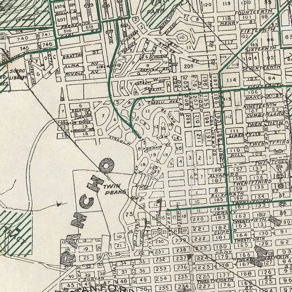 Mapa antiguo de San Francisco, 1895: Puente Golden Gate, Alcatraz, Costa de Berbería, Barrio Chino, Terremoto