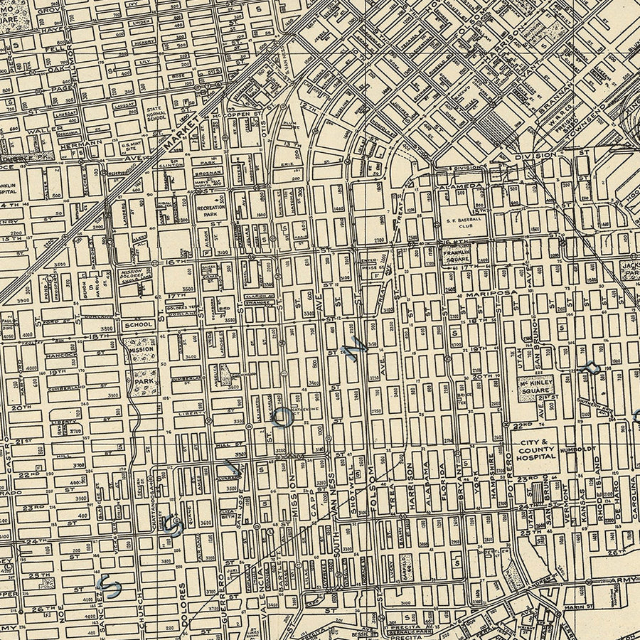 Old Street Map of San Francisco, 1938: Golden Gate Bridge, Chinatown, Presidio, Fisherman&