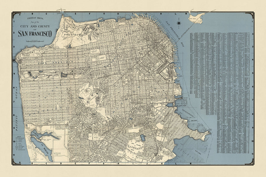 Old Street Map of San Francisco, 1938: Golden Gate Bridge, Chinatown, Presidio, Fisherman&