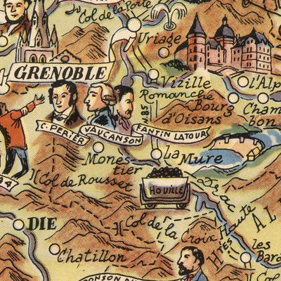 Mapa antiguo de Saboya y Dauphine, Francia, de Jacques Liozu, 1951: Alpes, Grenoble, Chambéry, Annecy