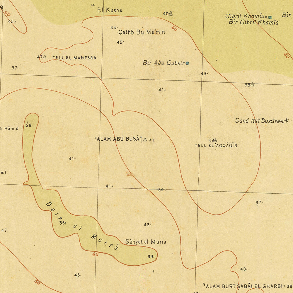 Antiguo mapa militar de El Alamein realizado por el ejército alemán en 1942: El Alamein, Ed Daba, trincheras, ferrocarril y dunas