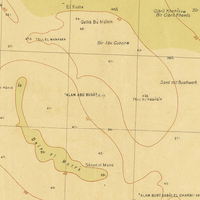 Antiguo mapa militar de El Alamein realizado por el ejército alemán en 1942: El Alamein, Ed Daba, trincheras, ferrocarril y dunas