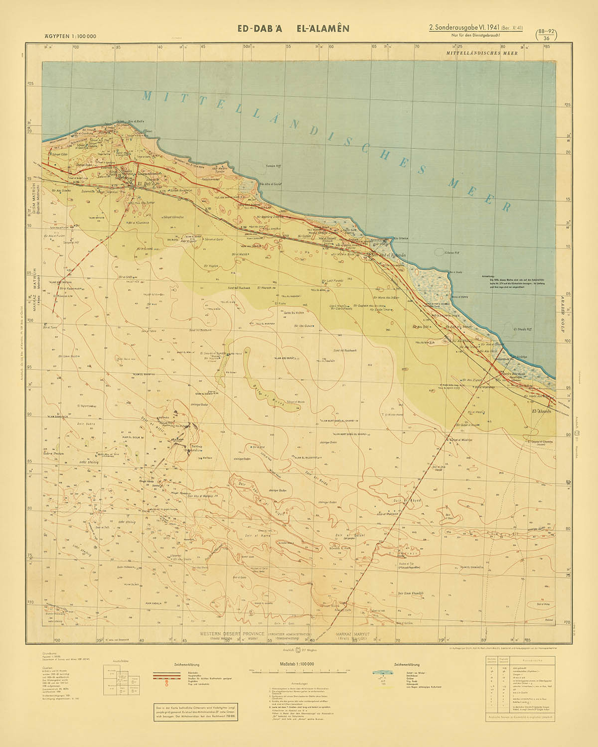 Alte Militärkarte von El Alamein der deutschen Armee, 1942: El Alamein, Ed Daba, Schützengräben, Eisenbahn, Dünen