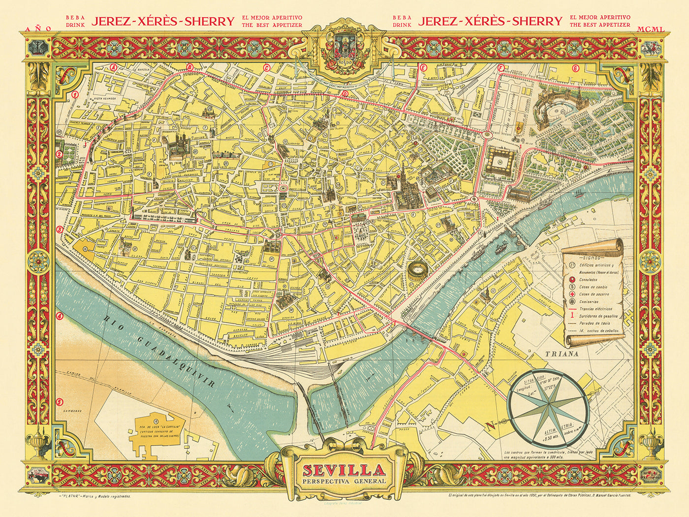 Old Pictorial Map of Seville by Fuentes, 1950: Catedral, Torre del Oro, Triana, Alcázar, Guadalquivir