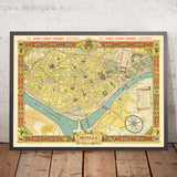 Ancienne carte picturale de Séville par Fuentes, 1950 : Cathédrale, Torre del Oro, Triana, Alcázar, Guadalquivir