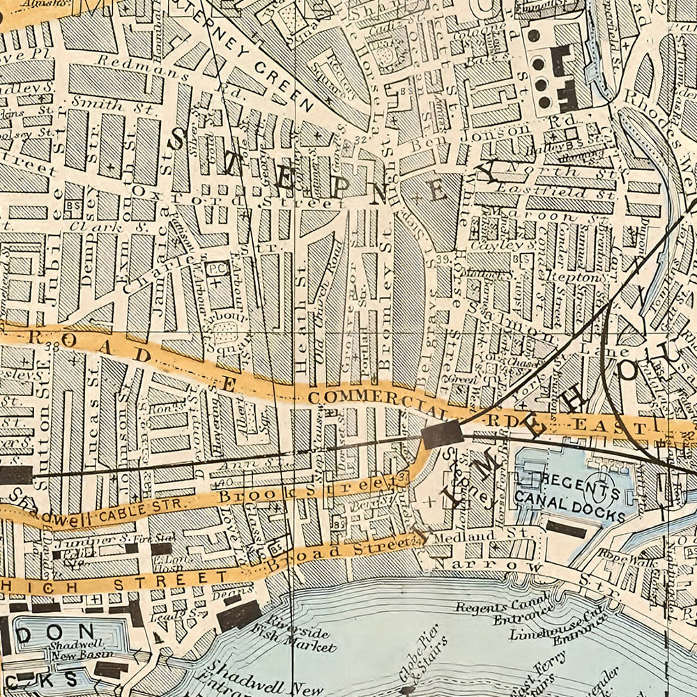 Mapa antiguo de Londres, 1900: Torre de Londres, Támesis, Isla de los Perros, Muelles de Londres, Shoreditch