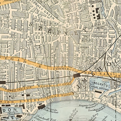 Mapa antiguo de Londres, 1900: Torre de Londres, Támesis, Isla de los Perros, Muelles de Londres, Shoreditch