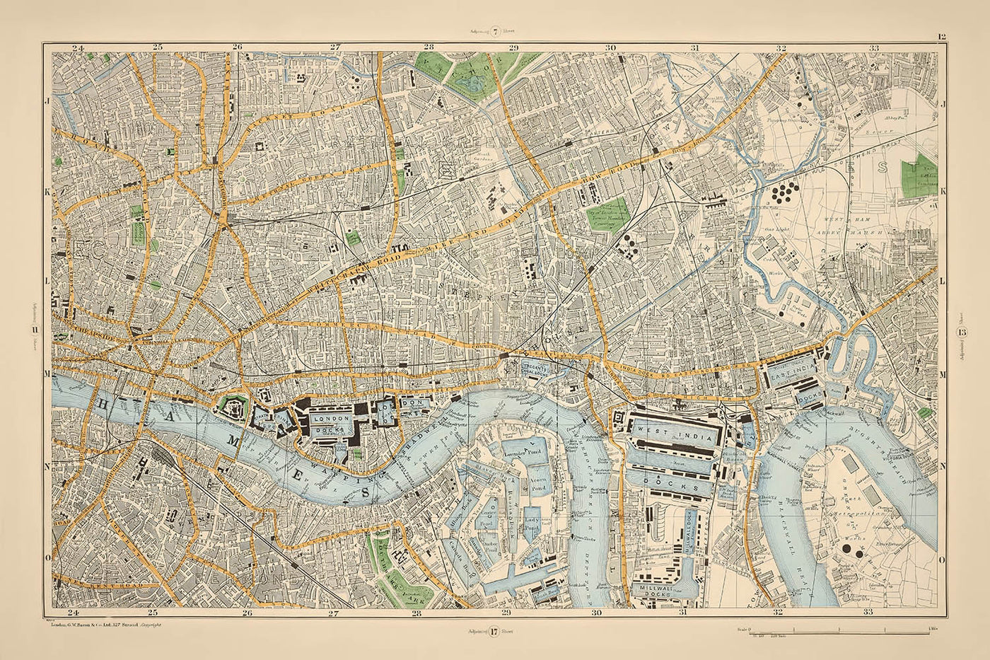 Mapa antiguo de Londres, 1900: Torre de Londres, Támesis, Isla de los Perros, Muelles de Londres, Shoreditch