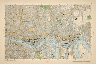 Mapa antiguo de Londres, 1900: Torre de Londres, Támesis, Isla de los Perros, Muelles de Londres, Shoreditch