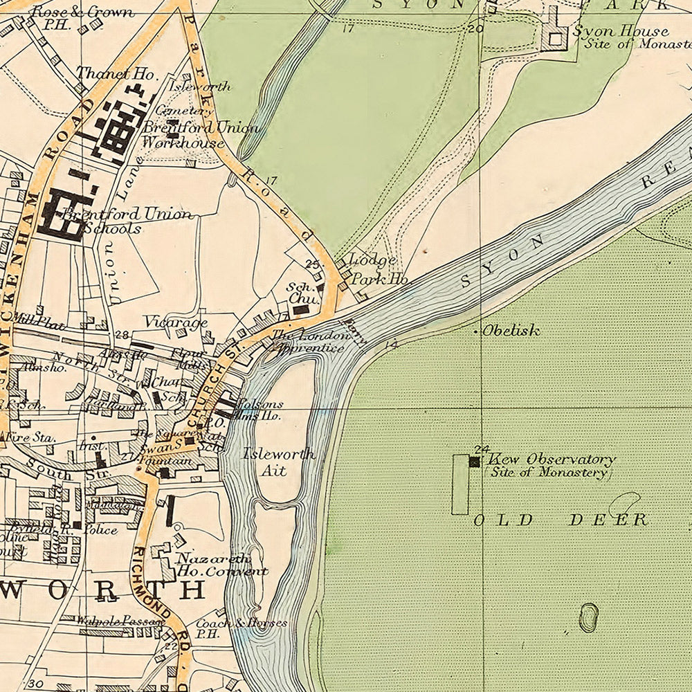 Mapa antiguo de Londres, 1900: Brentford, Richmond, Kew Gardens, Isleworth, Old Deer Park