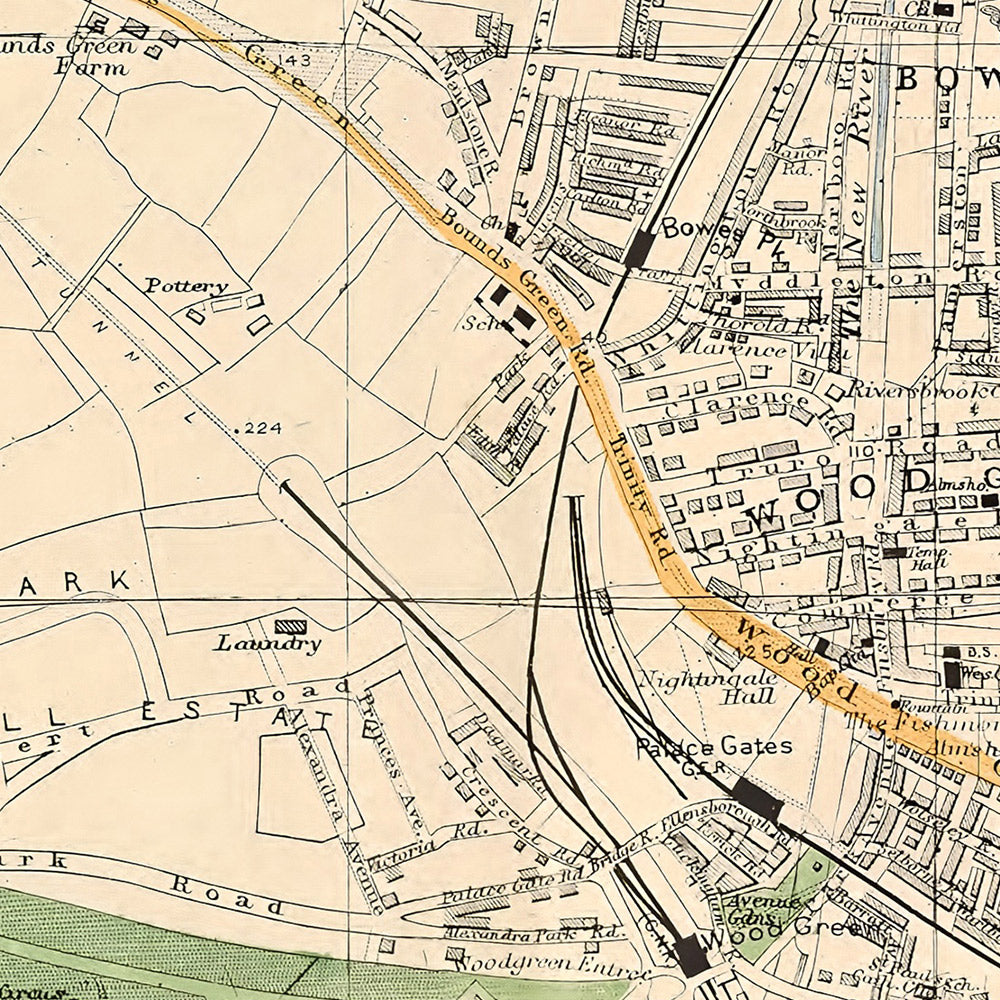 Mapa antiguo de Londres de Bacon, 1900: Colney Hatch, Alexandra Park, Muswell Hill, Hornsey, Palmers Green