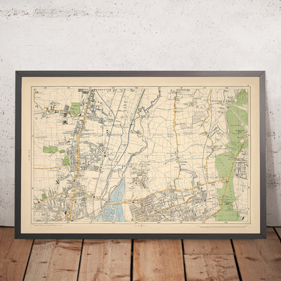 Mapa antiguo de Londres, 1900: Edmonton, Tottenham, Walthamstow, embalses, Woodford Park