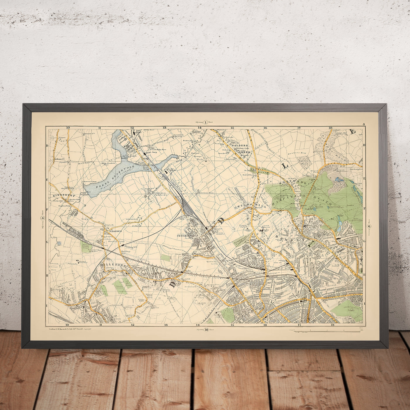 Mapa antiguo de Londres, 1900: Kingsbury, Hampstead Heath, Golders Green, Brent Reservoir, Willesden