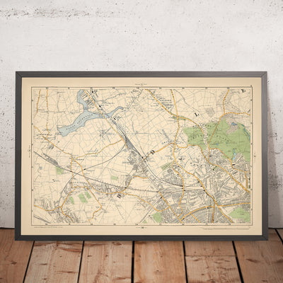 Mapa antiguo de Londres, 1900: Kingsbury, Hampstead Heath, Golders Green, Brent Reservoir, Willesden