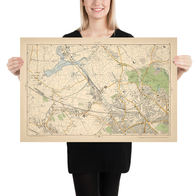 Mapa antiguo de Londres, 1900: Kingsbury, Hampstead Heath, Golders Green, Brent Reservoir, Willesden