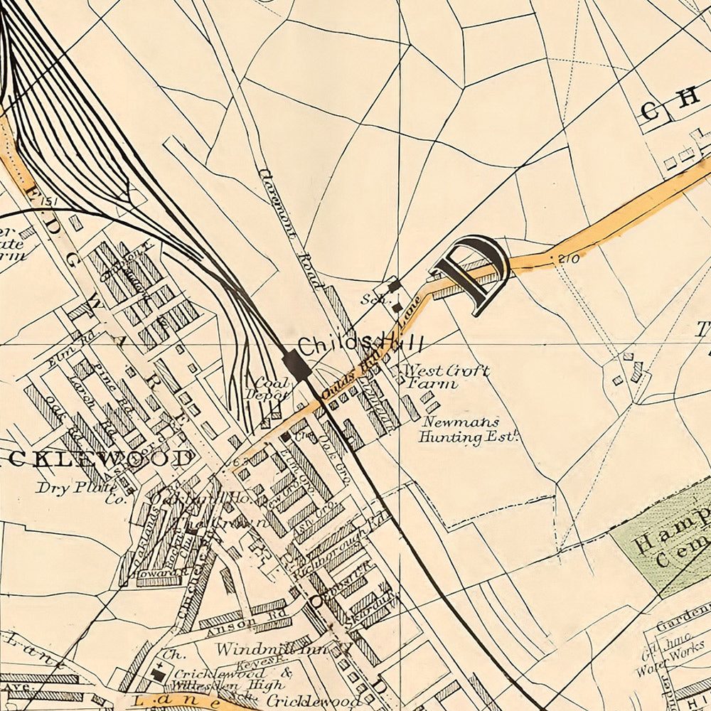 Mapa antiguo de Londres, 1900: Kingsbury, Hampstead Heath, Golders Green, Brent Reservoir, Willesden