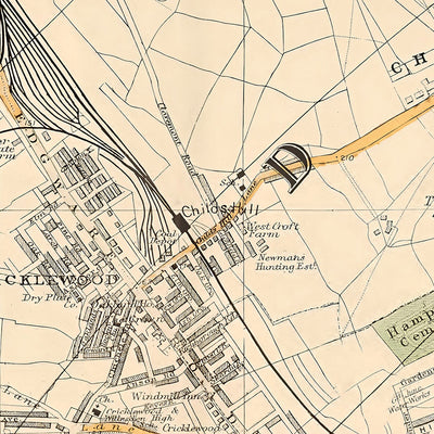 Mapa antiguo de Londres, 1900: Kingsbury, Hampstead Heath, Golders Green, Brent Reservoir, Willesden