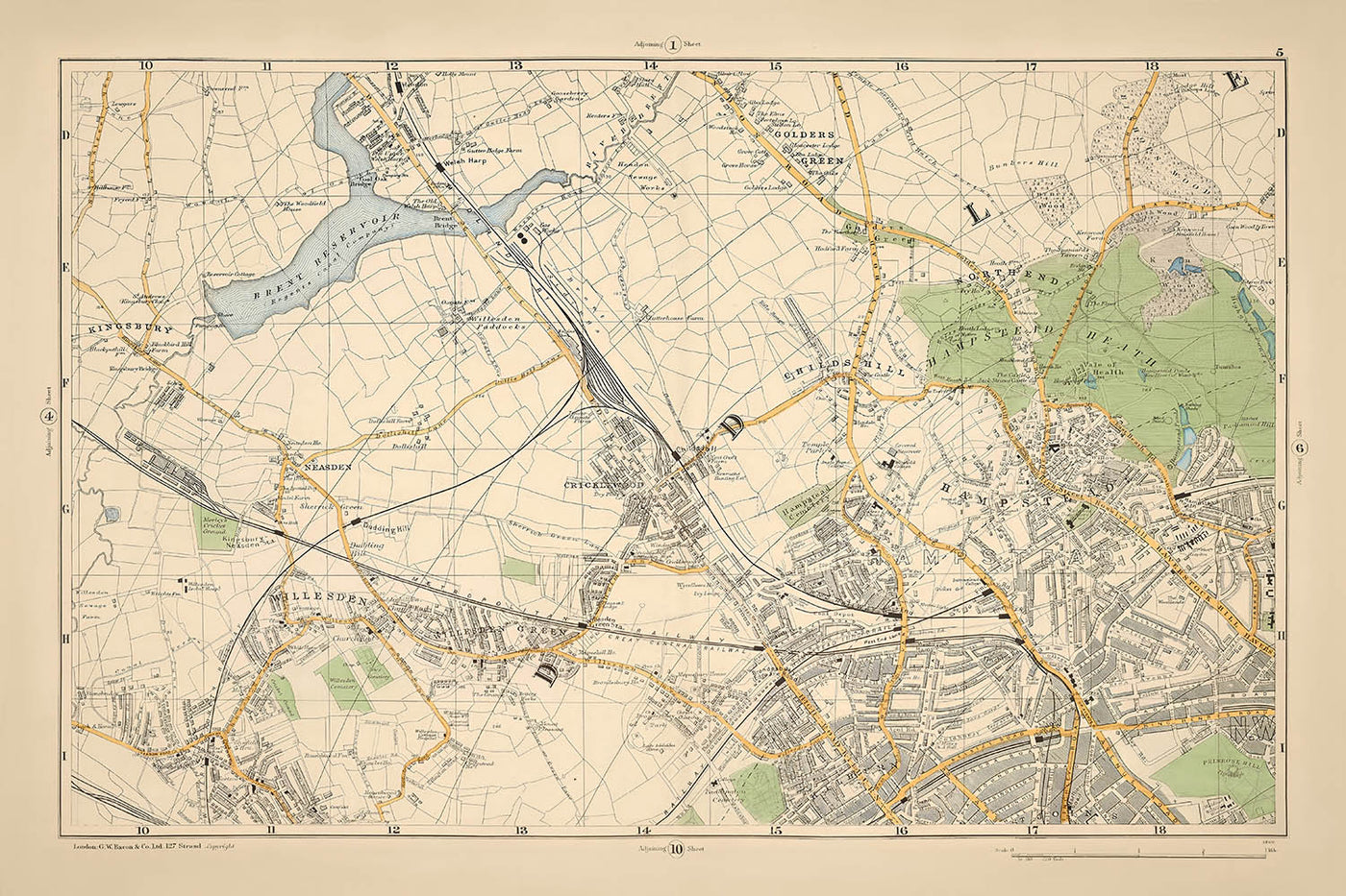 Mapa antiguo de Londres, 1900: Kingsbury, Hampstead Heath, Golders Green, Brent Reservoir, Willesden